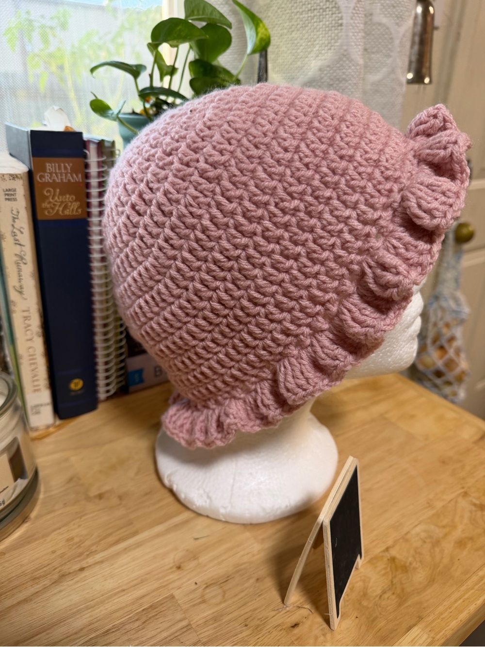 Ladies Handmade Pink Crochet Ruffle Beanie